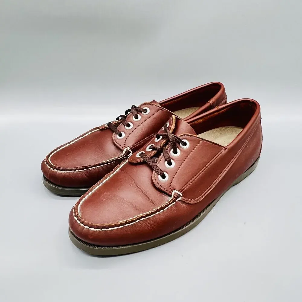 LL Bean Shoes Mens 7.5 Brown Leather Boat Moc Toe Vintage Casual Nautical